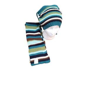 Charter Club Striped Knit Hat & Scarf Set Teal/Green/Brown One Size Acrylic/Cott